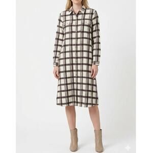 J. McLaughlin Plaid Shirt Dress Midi Button Front Long Sleeve Ivory Brown Size M